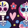 Day of the dead, couple skeleton heart flowers traditional mexican celebration