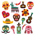 Day of dead. Decorative skulls, guitar and sombrero, llama and hot pepper, heart and grave. Mexican dia de los muertos