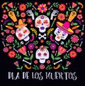 Day of the dead, Dia de los muertos, banner with colorful Mexican flowers and icons. Fiesta, holiday poster, party flyer Royalty Free Stock Photo