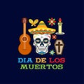 Day of the dead, Dia de los moertos, banner with colorful Mexican flowers. Fiesta, holiday poster, party flyer, funny greeting car