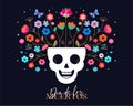 Day of the dead, Dia de los muertos, banner with colorful Mexican flowers. Fiesta, holiday poster, party flyer, funny