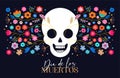 Day of the dead, Dia de los muertos, banner with colorful Mexican flowers. Fiesta, holiday poster, party flyer, funny