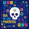 Day of the dead, Dia de los muertos blue background, square banner, greeting card. Vector illustration with sugar skull or