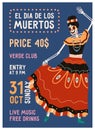 Day of Dead, Dia de los Muertos carnival flyer design. Mexican holiday party poster template, vertical promotion banner