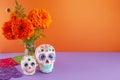 Day of the dead. Dia De Los Muertos celebration background. Sugar Skull, marigolds or cempasuchil flowers. Royalty Free Stock Photo