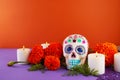 Day of the dead. Dia De Los Muertos celebration background. Sugar Skull, marigolds or cempasuchil flowers. Royalty Free Stock Photo