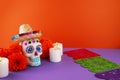 Day of the dead. Dia De Los Muertos celebration background. Sugar Skull, marigolds or cempasuchil flowers. Royalty Free Stock Photo
