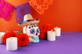 Day of the dead. Dia De Los Muertos celebration background. Sugar Skull, marigolds or cempasuchil flowers. Royalty Free Stock Photo