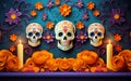 Day of the dead Dia de los muertos 3d podium round square stage with paper cut art elements craft style on background Royalty Free Stock Photo