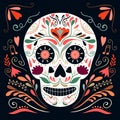 Day of the Dead /Dia de los muertos poster with decorative skull on black background