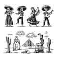 Day of the Dead, Dia de los Muertos. The skeleton in the Mexican national costumes dance, sing and play the guitar.
