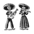 Day of the Dead, Dia de los Muertos . The skeleton in the Mexican national costumes dance, sing and play the guitar. Royalty Free Stock Photo