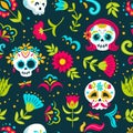 Day of the Dead. Dia de Muertos. Seamless pattern. Catrina, the garbancera skull, the festive skeleton, Mexican folk Royalty Free Stock Photo