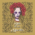 Day of The Dead Emblem. Woman with sugar skull makeup on a floral background Royalty Free Stock Photo