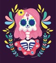 Day Of The Dead, Female Skeleton With Hair Flowers Frame Traditional Mexican Celebration