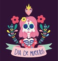 Day of the dead, female skeleton heart flowers decoration traditional mexican celebration