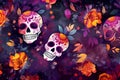 Day of the Dead floral background with sugar skulls and flowers. Vector illustration.