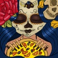 Day of the dead girl with pizza