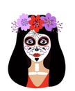 Day of the dead girl vector illustration. Young woman sugar head makeup for mexican party on dia de los muertos. Female Royalty Free Stock Photo