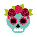 Day of the dead, green sugar skull with flowers and leaves decoration, mexican celebration icon flat style