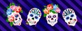 Day of the dead, Halloween, Dia de los muertos horizontal banner floral colorful skull, pattern design background