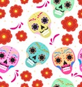 Day of the dead holiday in Mexico seamless pattern with sugar skulls. Skeleton endless background. Dia de Muertos