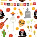 Day of the dead holiday in Mexico seamless pattern with sugar skulls.