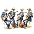 A Day of the Dead mariachi band. skeleton ensemble on white background