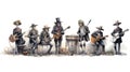 A Day of the Dead mariachi band. skeleton ensemble on white background