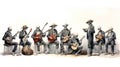 A Day of the Dead mariachi band. skeleton ensemble on white background