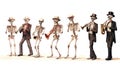 A Day of the Dead mariachi band. skeleton ensemble on white background