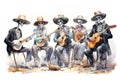 A Day of the Dead mariachi band. skeleton ensemble on white background