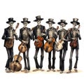 A Day of the Dead mariachi band. skeleton ensemble on white background