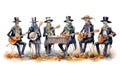 A Day of the Dead mariachi band. skeleton ensemble on white background