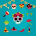 Day of the dead, mexican celebration decoration ornament green background icons flat style Royalty Free Stock Photo