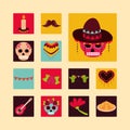 Day of the dead, mexican celebration decoration ornament icons block and flat style Royalty Free Stock Photo
