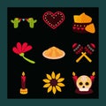 Day of the dead, mexican celebration decoration traditional flat black background style pack icons Royalty Free Stock Photo