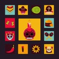 Day of the dead, mexican celebration decoration traditional flat black background block and flat pack icons Royalty Free Stock Photo