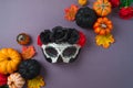 Day of the dead Mexican and Halloween holiday concept. Sugar skull mask, pumpkin and party decorations on purple background. Top Royalty Free Stock Photo