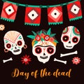 Day of dead Mexican holiday card vector flat illustration. Sugar skulls decorated by festive flowers, ornament with flag Royalty Free Stock Photo