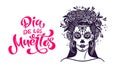 Day of the dead is a Mexican holiday. Lettering Dia de los muertos. Woman with makeup - sugar skull with rose flowers Royalty Free Stock Photo