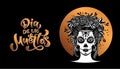 Day of the dead is a Mexican holiday. Woman with makeup - sugar skull with rose flowers. Lettering Dia de los muertos Royalty Free Stock Photo