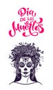Day of the dead is a Mexican holiday. Lettering Dia de los muertos. Woman with makeup - sugar skull with rose flowers Royalty Free Stock Photo