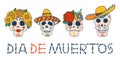 Day of the Dead painted skulls in sombreros and flowers. Title in Spanish Day of the Dead. Hand drawn vector illustration