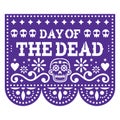 Day of the Dead Papel Picado design with sugar skulls, Mexican paper cut out garland background with flowers and skulls Royalty Free Stock Photo