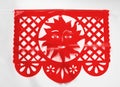 Day of the Dead, Papel Picado with sun, red traditional Mexican paper cutting flag.