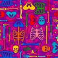 Day of the Dead pattern seamless. Multicolored Skull and skeleton ornament. Dia de Muertos background
