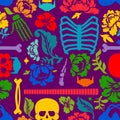 Day of the Dead pattern seamless. Multicolored Skull and skeleton ornament. Dia de Muertos background