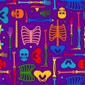 Day of the Dead pattern seamless. Multicolored Skull and skeleton ornament. Dia de Muertos background