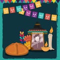 Day of the dead, photos frame candles bread flower and pennants decoration, mexican celebration